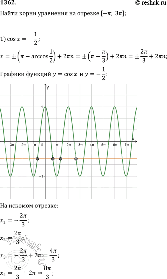 Изображение 1362 Используя графики синуса или косинуса, найти все корни уравнения, принадлежащие промежутку [-пи; 3пи]:1) cosx=-1/2;2) sinx=-корень...