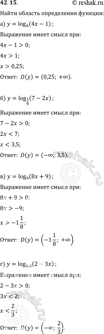 Изображение 42.15 Найдите область определения функции:а) у = log6 (4x - 1); б) у = log1/9 (7 - 2х); в) у = log9 (8x + 9);г) у = log0,3 (2 -...