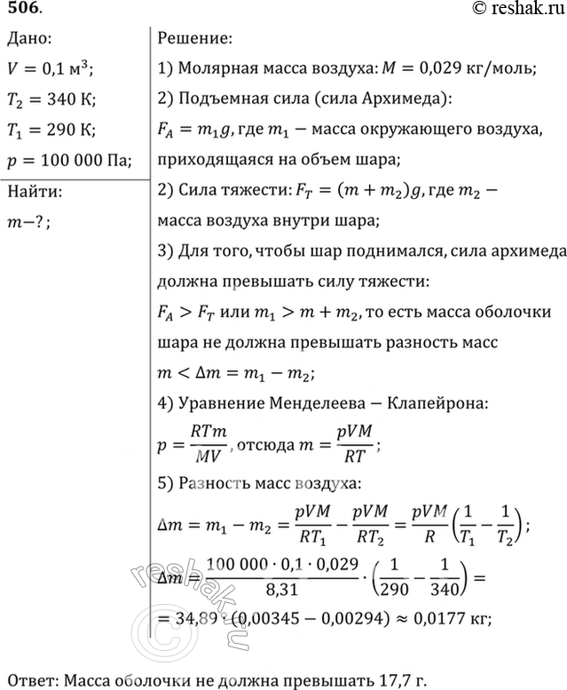 Изображение Шар объемом V = 0,1 м3, сделанный из тонкой бумаги, наполняют горячим воздухом, имеющим температуру Т2= 340 К. Температура окружающего воздуха Т1=290 К. Давление воздуха...