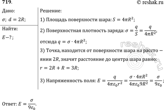 Изображение Заряженный шар имеет поверхностную плотность заряда а. Найти напряженность Е поля в точке, отстоящей от поверхности шара на расстоянии, равном его...