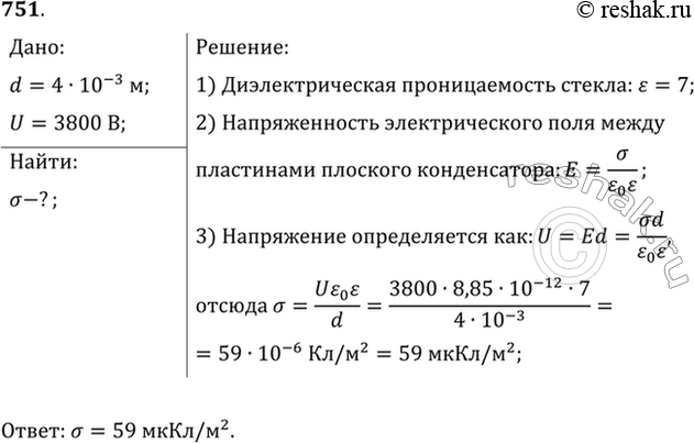Изображение Найти поверхностную плотность заряда на пластинах плоского конденсатора, разделенных слоем стекла толщиной 4 мм, если на конденсатор подано напряжение 3,8...