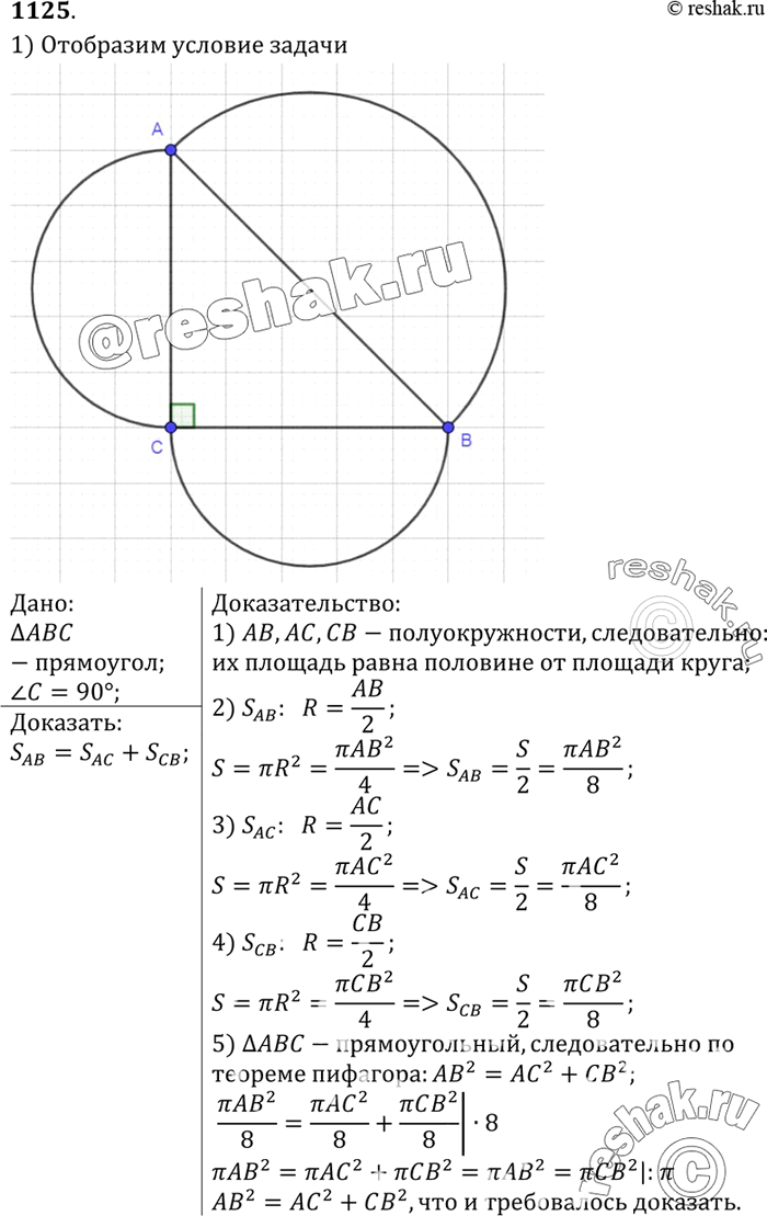 Изображение На сторонах прямоугольного треугольника как на диаметрах построены три полукруга. Докажите, что площадь полукруга, построенного на гипотенузе, равна сумме площадей...